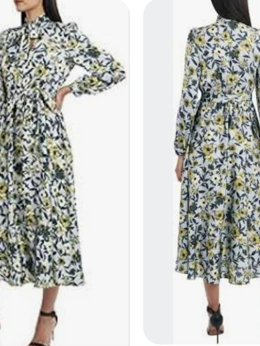 BCBG Maxazria Floral Maxi Dress S Long Sleeve Floral Tie Neck Green Gray NWT